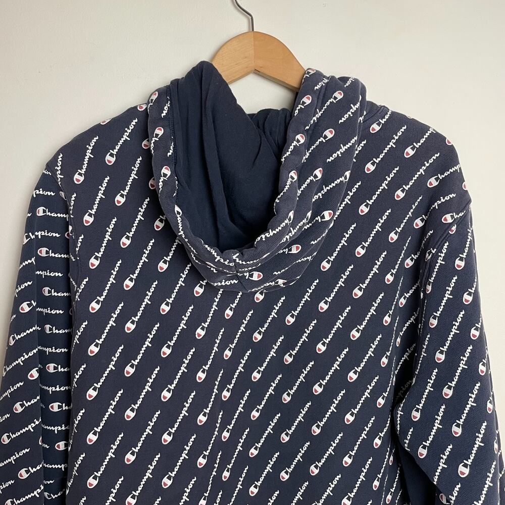 Vintage Y2K Champion Reverse Weave All-Over Logo hoodie‎ XL Streetwear Retro - Picture 4 of 8